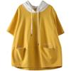 Casual Loose Solid Color Spliced Hoodies Tops Summer Women's Clothing Fashion Short Sleeve All-match Pockets T-shirt Female