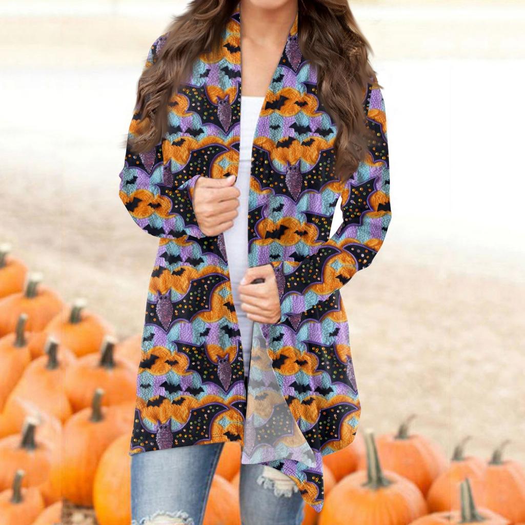 Женская мода повседневная Хэллоуин принтованный длинный рукав кардиган средней длины топы