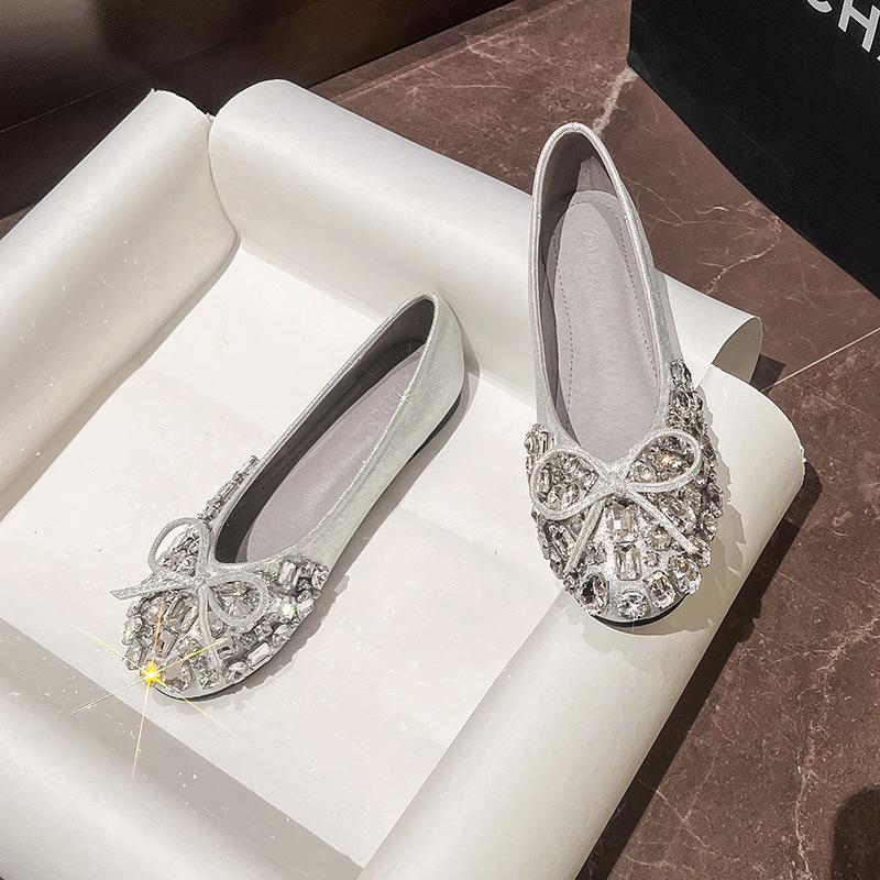 Fashion Luxury Designer Woman Rhinestone Flats Ballet Gold/Silver Bowtie Loafers Femmes Shallow Slip On Ballerinas Brides Wedding Shoes