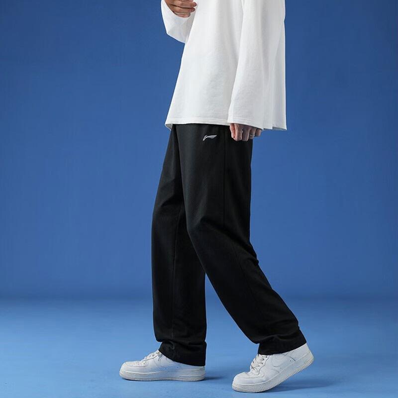 Li Ning Logo Print Solid Color Fleece Lined Straight Fit Knitted Sweatpants Men's Black YKLT415-1
