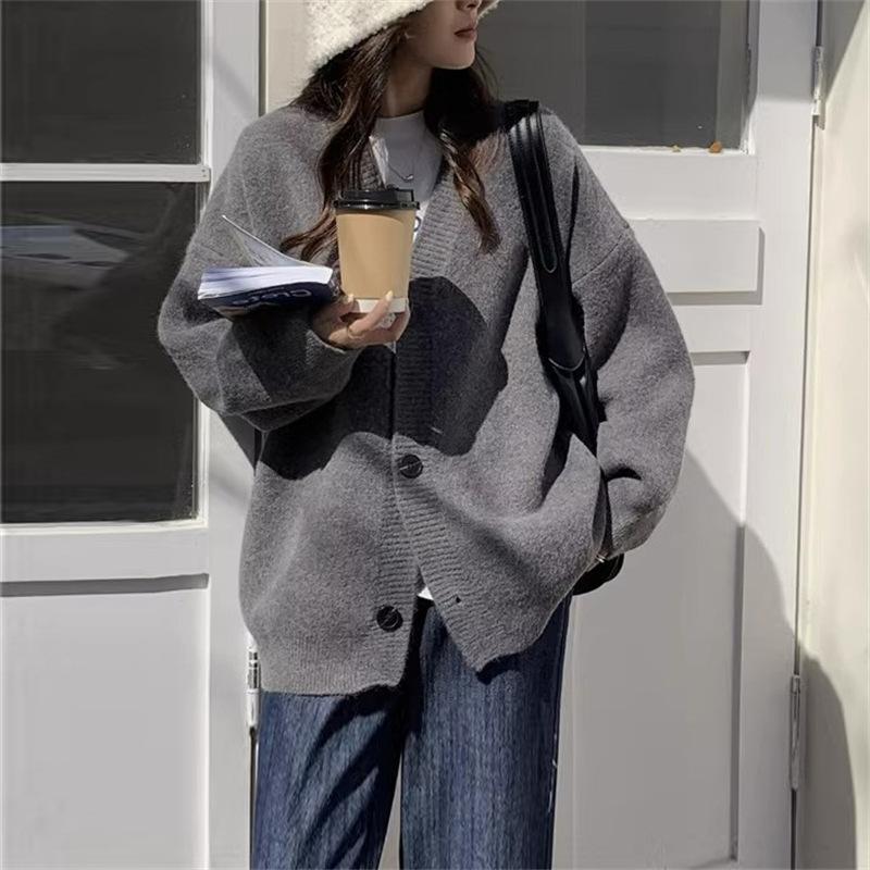 Осенне-зимний женский свитер-кардиган, куртка, свободный однотонный вязаный кардиган с ленивым ветром, простой вязаный кардиган