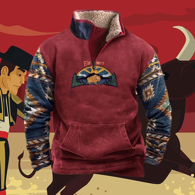 Мужская флисовая куртка в стиле вестерн, ковбойский свитер с принтом головы быка, застежка-молния на 1/4, воротник-стойка, длинный рукав, толстовки в деревенском стиле, пальто-пуловеры