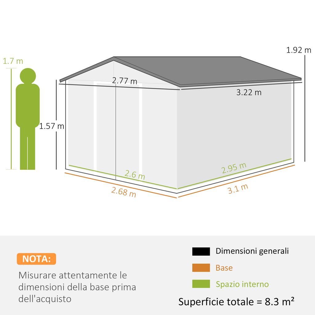 Garden Shed with 2 Sliding Doors and 4 Air Vents in Steel, 322x277x192 cm, Brown