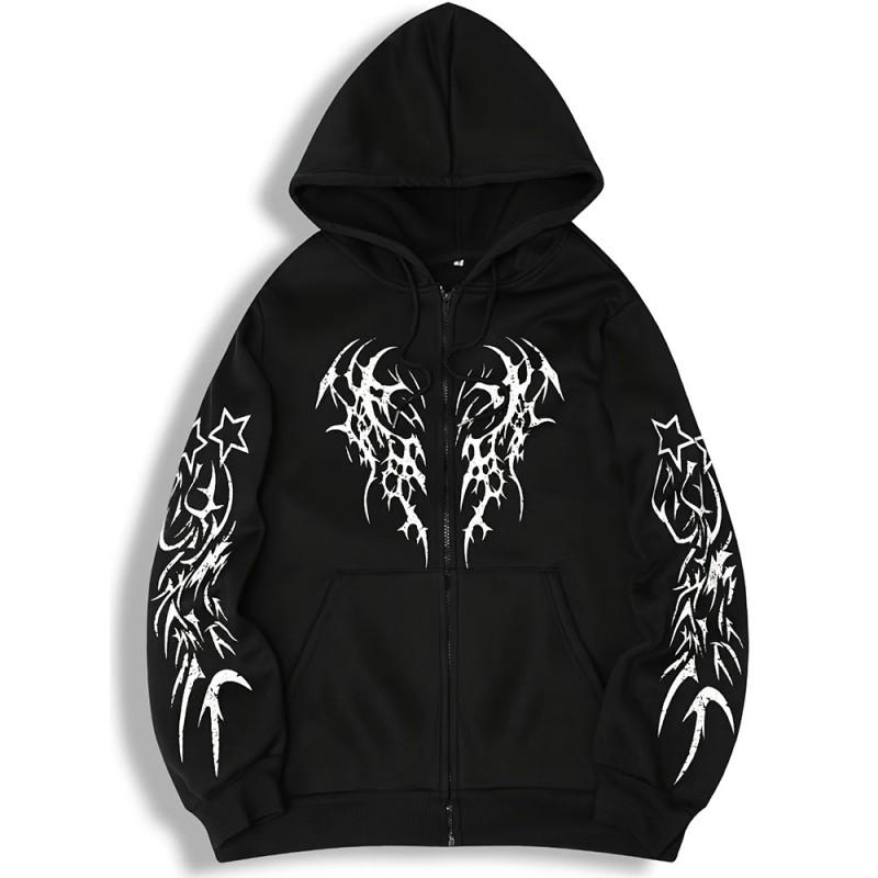 Y2K Streetwear Hooded Zip-Up Sweatshirt Teens Loose Fit Fall Casual Graphic Print Pullover