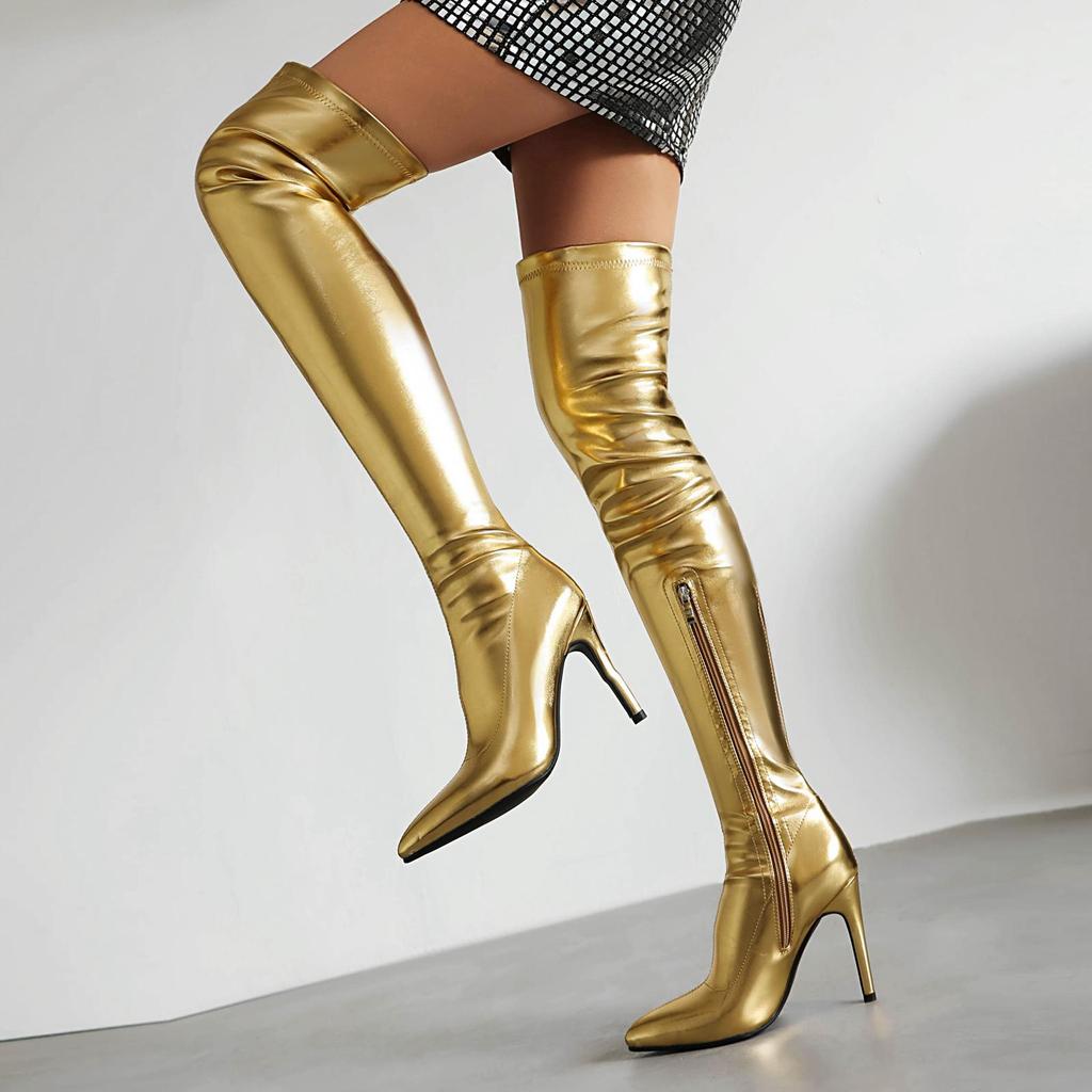 Krazing Pot PU Autumn Winter Shoes Stiletto High Heels Super Size Sexy Stovepipe Boots Pointed Toe Keep Warm Slip On Over-the-knee Boots