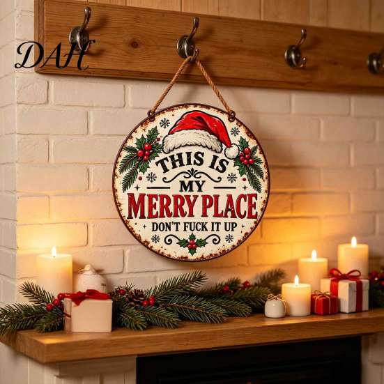 Funny Seasonal Wall Plaques for Living Room This Is My Merry Place Christmas Door Hanger, Wooden Holiday Welcome Decor Dormitory Sign with Jute
