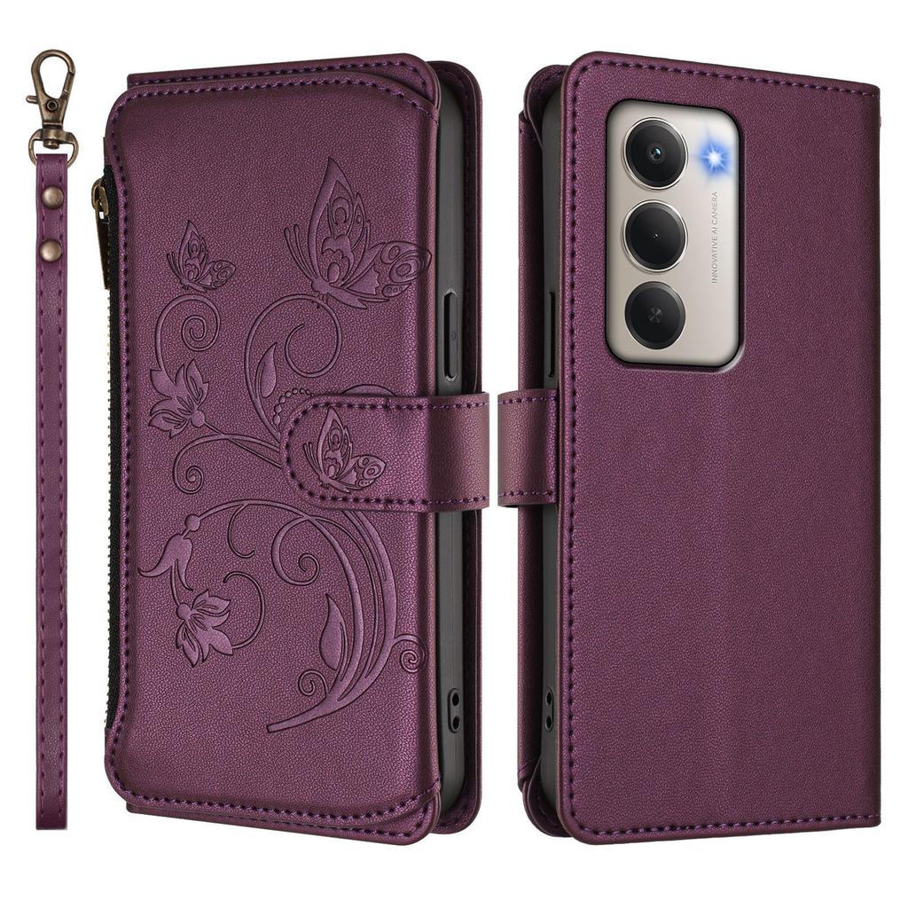 Для Xiaomi Redmi 15 4G (США) (171 мм) Кожаный чехол с цветочным тиснением в виде бабочки, кошелек на молнии, подставка, крышка с ремешком на запястье