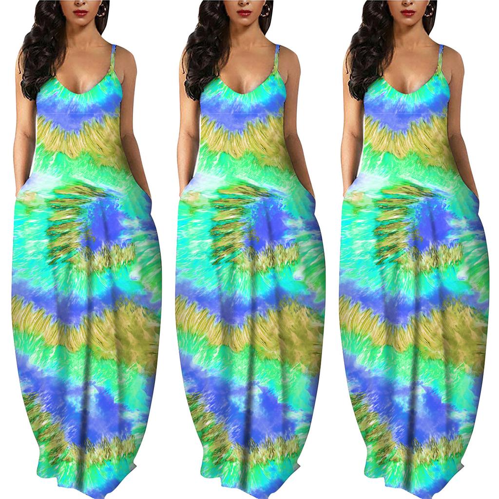 Women Gradient Tie-Dye Sleeveless V Neck Maxi Dress Sundress Beach Long Dres