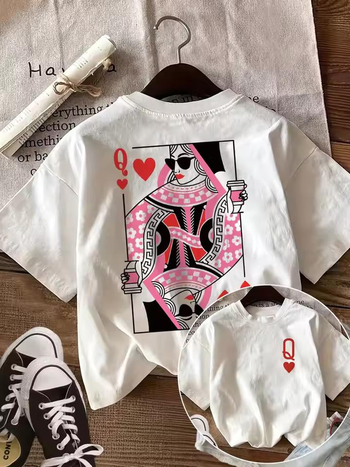 Queen of Hearts Retro Playing Card Graphic T-Shirt ,Casual Crew Neck Short Sleeve, Y2K Aesthetic Coffee Print Casual Daily Top