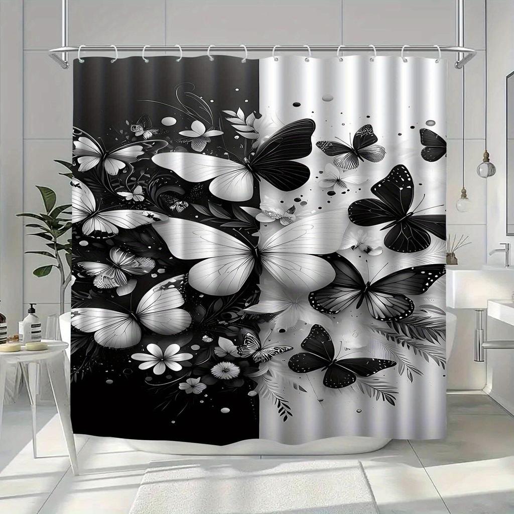 1pc Black and white butterfly and floral patterned shower curtain, polyester fabric, with hooks, suitable for bathroom décor.