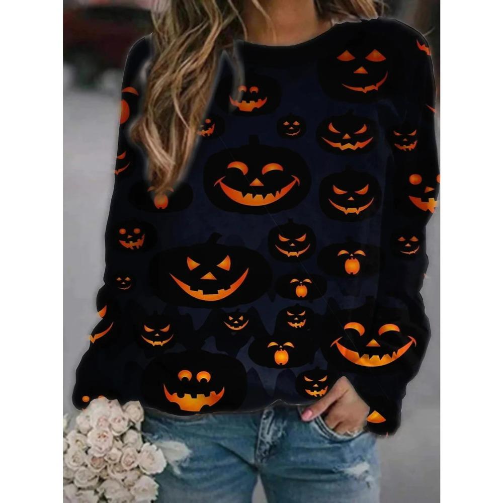 Свитшоты на Хэллоуин с принтом тыквы в виде 3D-толстовки с капюшоном для женщин, повседневные толстовки с круглым вырезом, уличная одежда, свободный свитер Harajuku, женская одежда