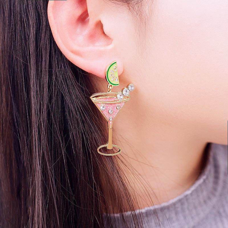 Серьги-гвоздики в виде бокала арбуза со стразами из розового и зеленого сплава для летней свежести