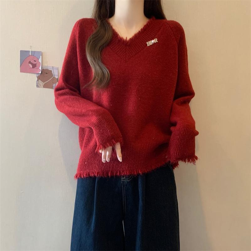 Fashion Sweet Tassel V-neck Red Pullover Sweater Women Autumn and Winter New Thick Warm Knitted Sweaters Women Elegant Solid Casual Jumpers Tops 25841