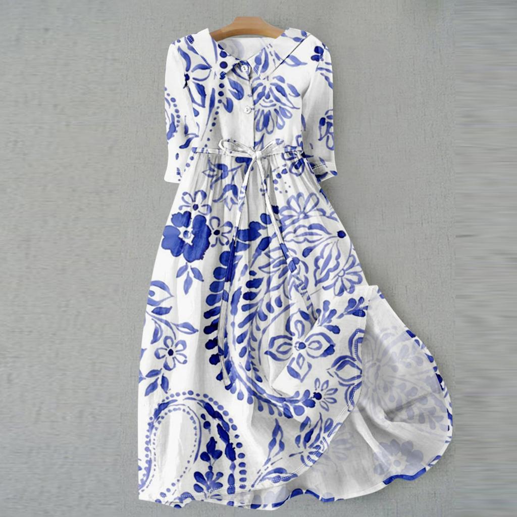 Women's Fashion Vintage Floral Print Lapel Button Three Quarter Sleeves Strappy Dress