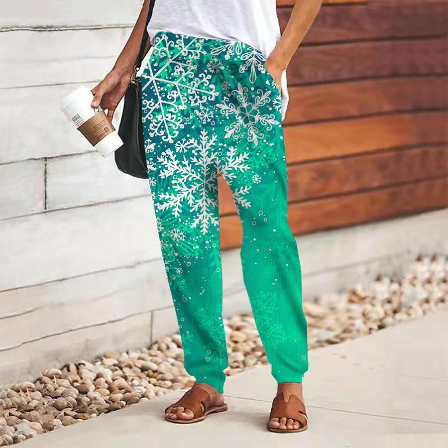 Women Snowflake Printing Pants Lace Up Elastic Waist Loose  Trousers Casual Long Pants Trousers with Pockets