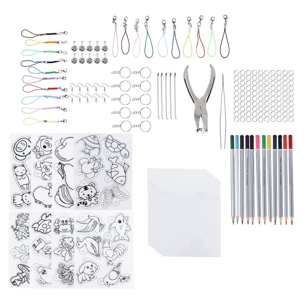 Heat Shrink Sheet Set Complete Shrink Plastic Sheet Kit with Colored Pencils for Key Chains Jewelry Toys Making Gift