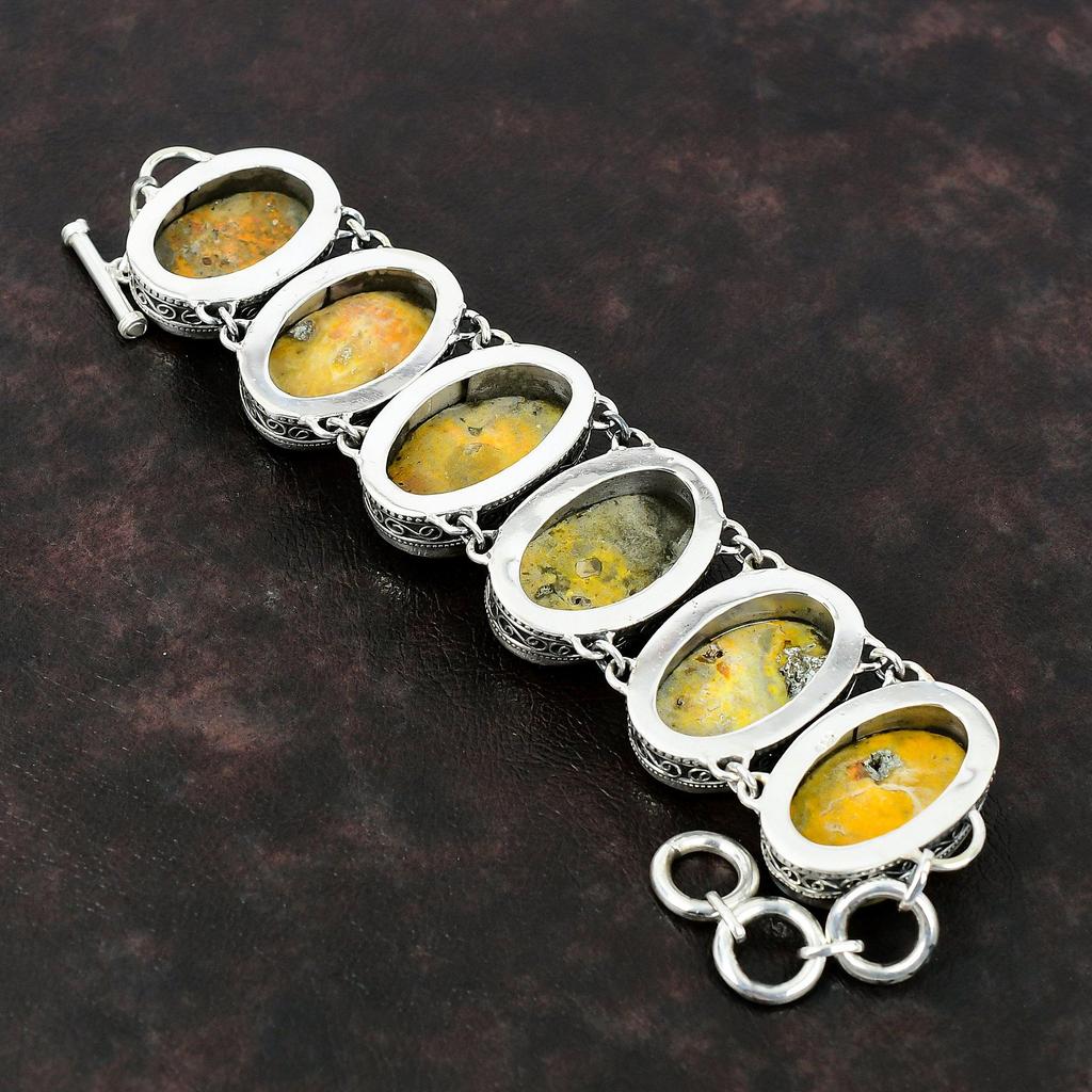 Браслет Bumble Bee Jasper Браслет из стерлингового серебра 925 пробы Браслет ручной работы из драгоценных камней Уникальные ювелирные изделия Регулируемый браслет-цепочка Винтажный браслет