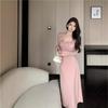 Spring Autumn Women's Elegant Ruffles Lace Up Dress Ladies Solid Color Temperament Slim Knitting Robe Vestidos