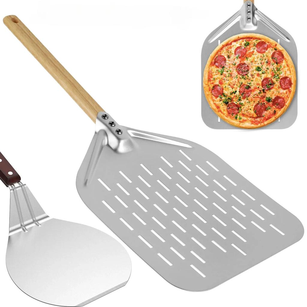 Pizza Shovel 12inch Metal Non-Stick Pizza Peel with Wood Handle Cake Lifter Transfer Tray for Homemade Baking Pizza Bread