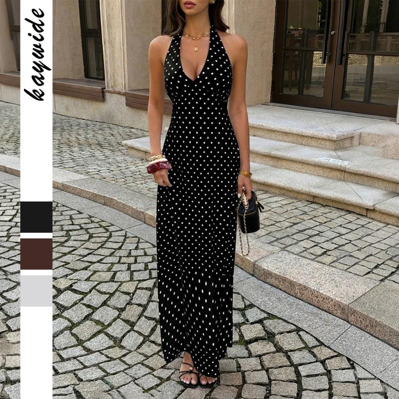 2026 Womens Sleeveless Deep V-Neck Bodycon Maxi Dress With Polka Dot Print Elegant Office To Casual Wear