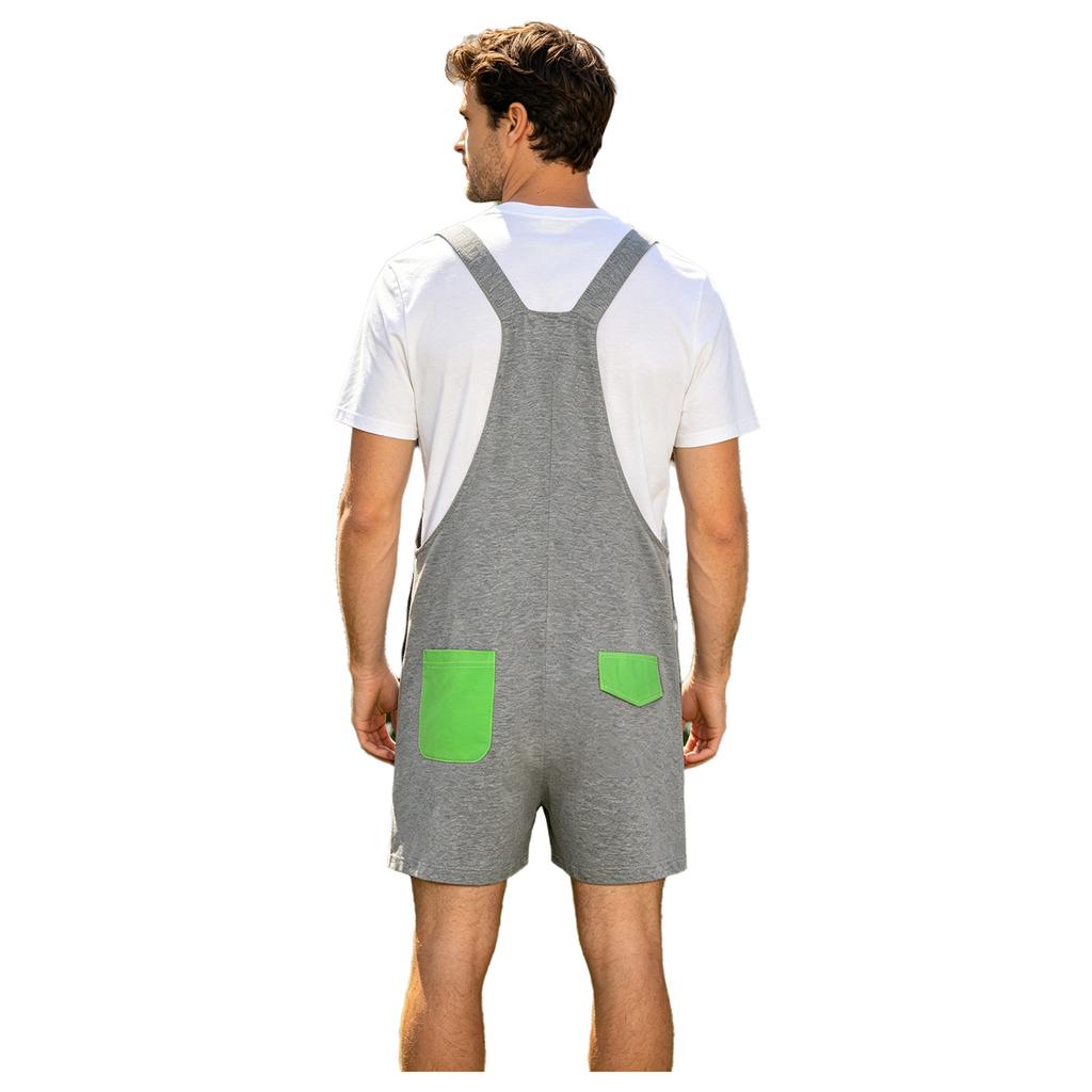 S-XXL Men Cartoon Dinosaur Printed Overalls Pajamas Back Color Blocking Pockets Adjustable Straps Bib Shorts Rompers Sleepwear