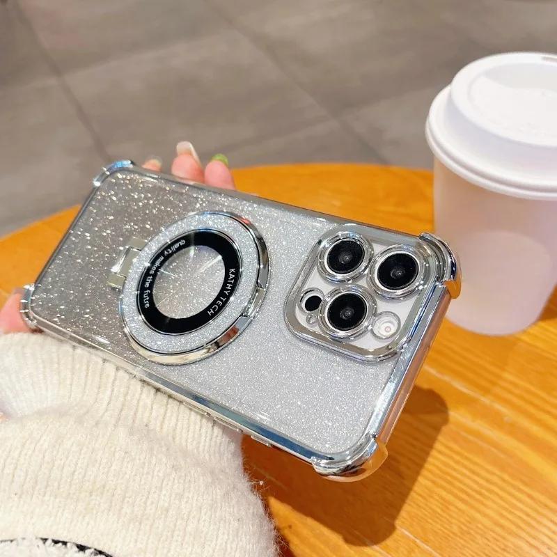 Luxury Glitter Holder Bracket Case For iPhone 17 Air 16 15 14 13 12 11 Pro Max 16 Plus Stand Shockproof Clear Soft Back Cover