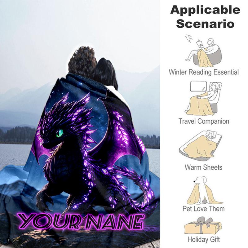 1PC Custom Name Purple Dragon Fantasy Art flannel blanket versatile,all-season throw suitable for the living room,bedroom,camping,travel,and gift