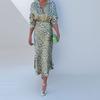 Women Elegant V Neck Long Sleeve Printed Shirt Midi Dress Two Piece Set