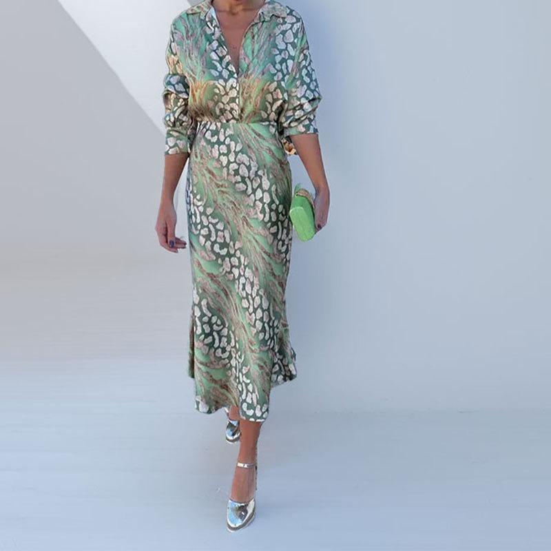 Women Elegant V Neck Long Sleeve Printed Shirt Midi Dress Two Piece Set