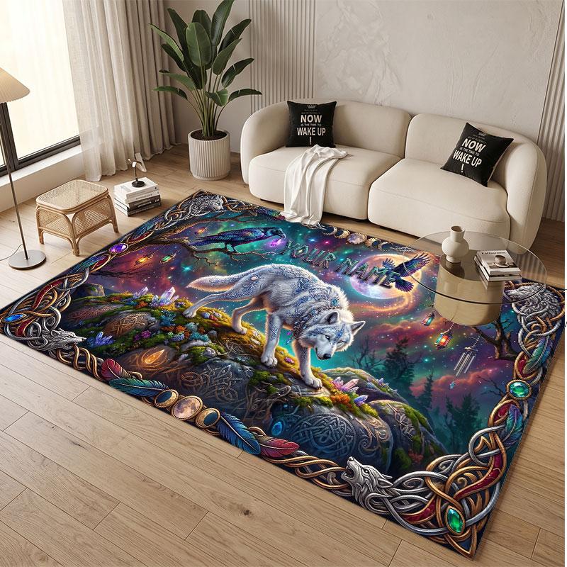 Wolf Theme Soft Crystal Velvet Rug Custom Name & Text Print Non Slip Floor Rug for Bedroom Living Room