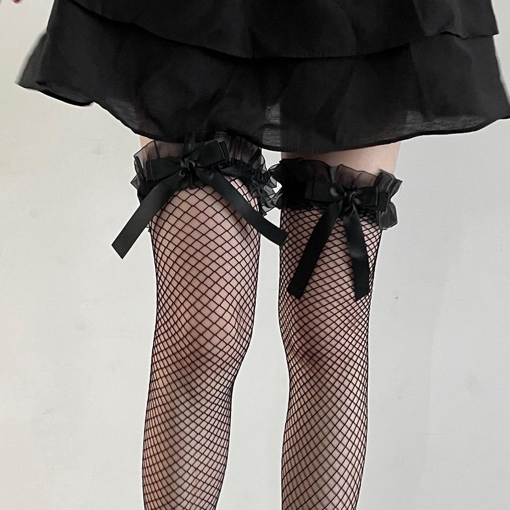 JK Lolita Girls Stockings Hollow Out Mesh Fishnet Thigh High Stockings Japan Style Cute Bowknot Lace Ruffle Long Socks Stockings