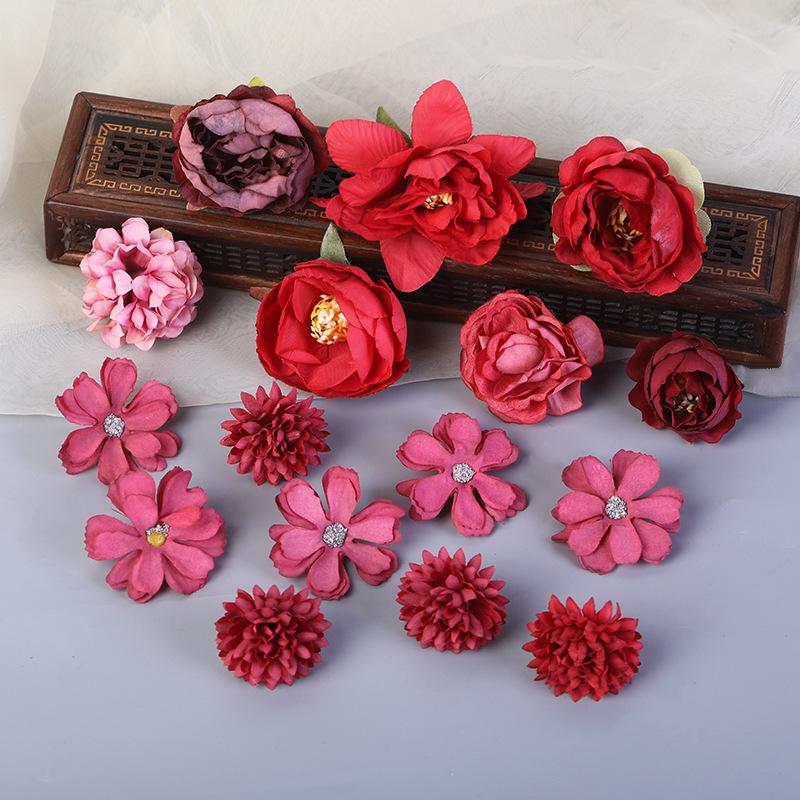 Vintage Flower Hair Clip Set Red Color Series Peony Rose Chrysanthemum Hair Clip For Women Elegant Hanfu Hair Accessories