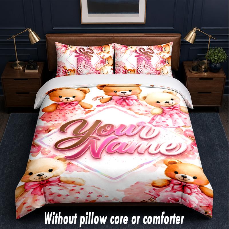 Teddy Bear Theme Custom Text Or Name 3Pcs Bedding Set,1 Flat Sheet & 2 Pillowcases Personalized Home Bedding