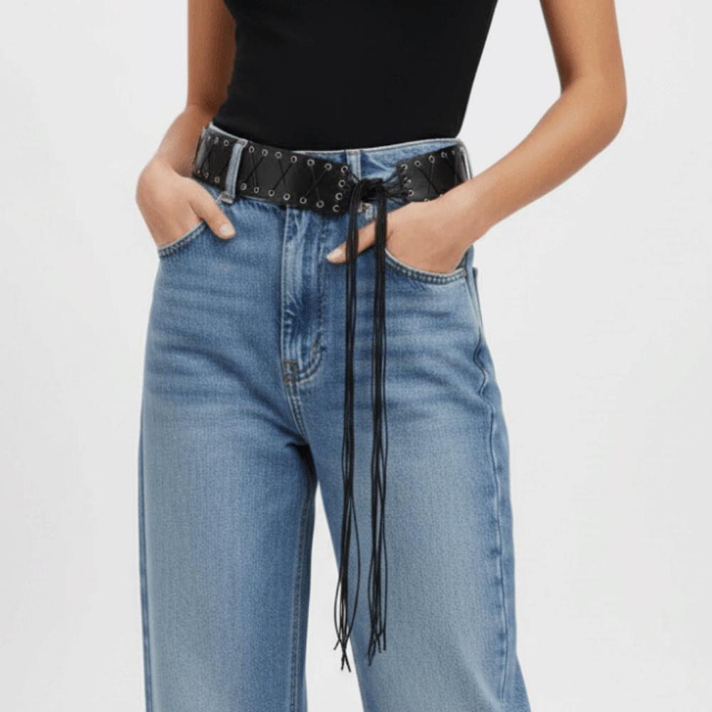 Wide Side Black Punk Belt Lace-up Straps Tassel Belt Leather Waist Chain Men  Waist Decoration
