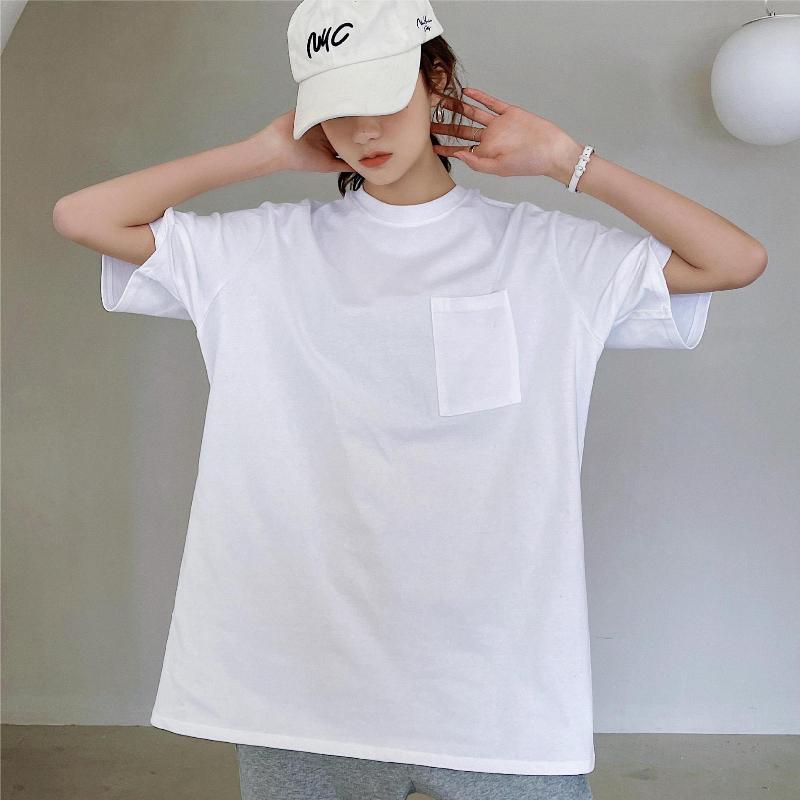 Футболка средней длины из чистого хлопка с короткими рукавами для женщин, модная свободная тонкая базовая рубашка с круглым вырезом для женщин, новый стиль
