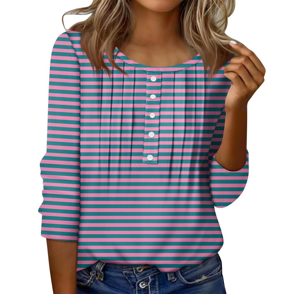 Женский топ с круглым вырезом, декоративными пуговицами и полосками, повседневная футболка однотонного цвета с рукавом 3/4