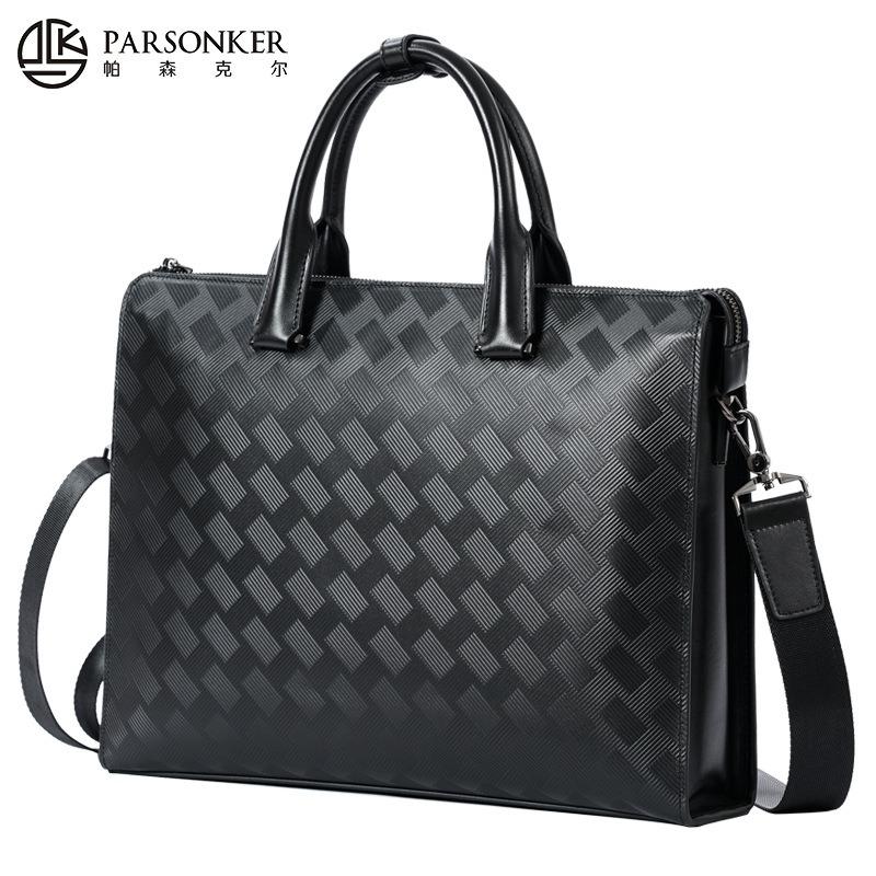 Мужская сумка, модная, первый слой, воловья кожа, клетчатая, компьютерная сумка, деловая, большая вместимость, многофункциональная, одинарная сумка