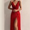 Женское облегающее платье миди без рукавов с V-образным вырезом, сексуальное платье на тонких бретелях с высоким разрезом и драпировкой, платье для коктейльной вечеринки, платье для гостьи на свадьбу
