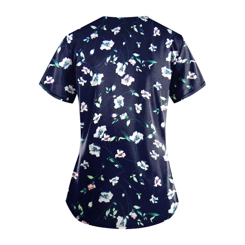 Плюс размер, милая рабочая форма с принтом, топы для женщин, забавные футболки с перекрестным v-образным вырезом и короткими рукавами, рабочая одежда, футболка с карманами