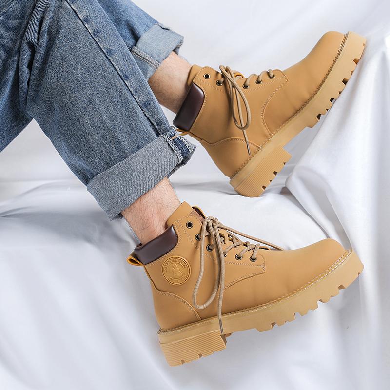 British Style Thick Soled High Top Boots Men Leather Shoes Fashion Motorcycle Ankle Boots Winter Boots Man Popular Yellow Boots