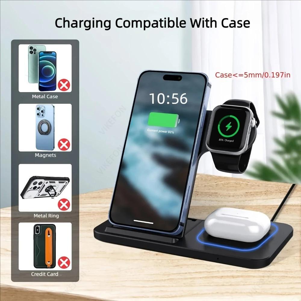 Foldable Wireless Charging Station for iPhone 16 15 14 13 12 iWatch 10/9/8/7 Ultra Airpods 4 Pro 3 In 1 Fast Charger Stand Dock