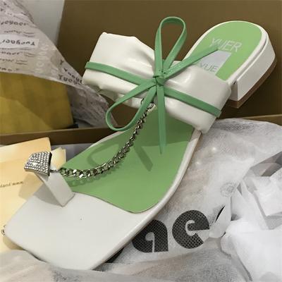 Модная обувь Женская 2025 Квадратный каблук Шлепанцы Повседневные Бант-бабочка Пантофли Блок Натуральная кожа Роскошные Новые Летние Бант-бабочка Слайды