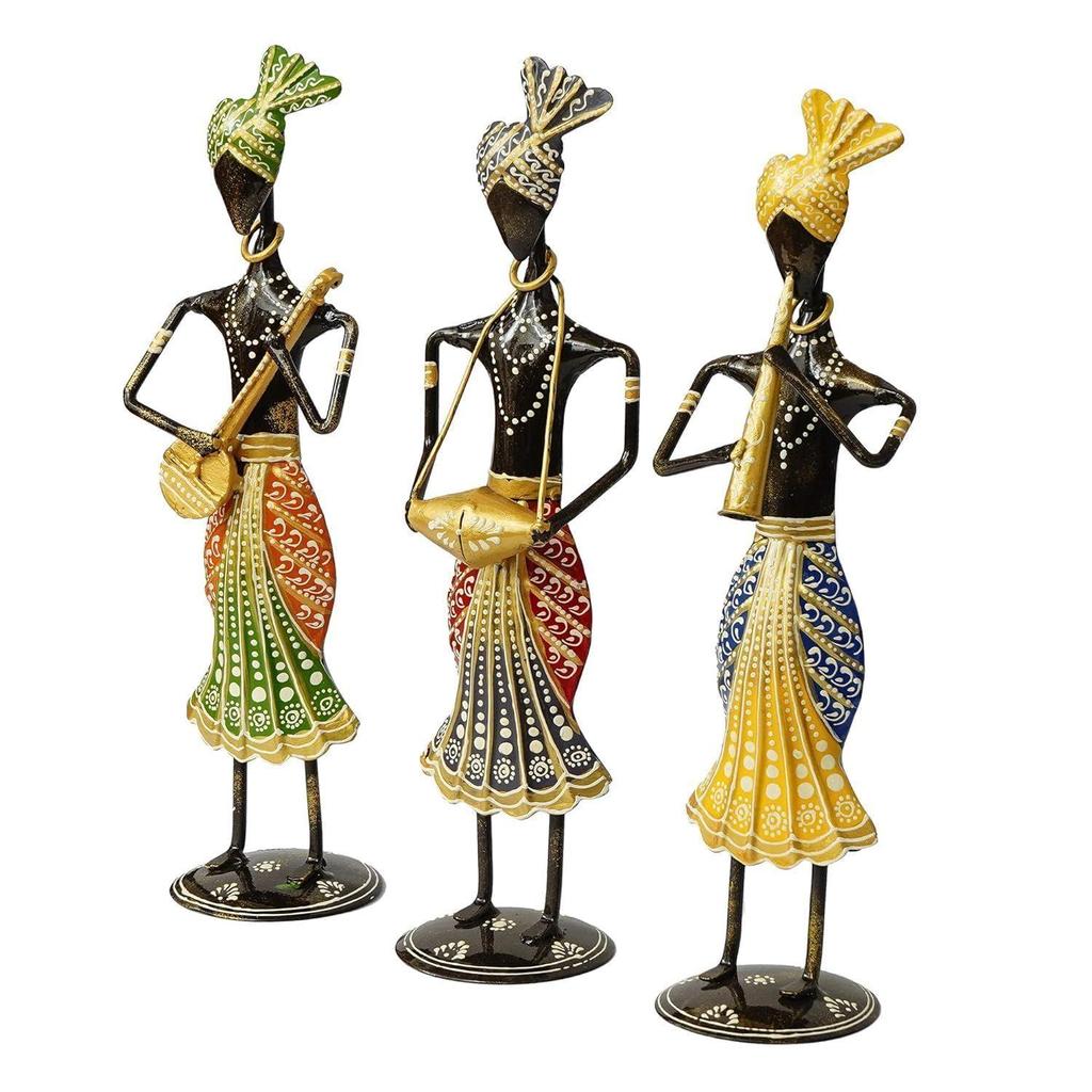 Tribal Metal Handicraft Muisician Showpiece Statue Table Decorative Items for Home,Antique Gift Items, Showpiece, Home Decoration Items (Set Of 3)