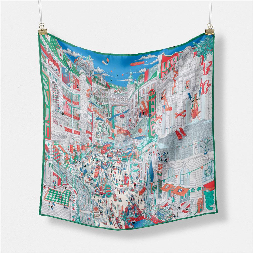 53CM Twill Silk Scarves Women Big City Print Square Scarves Wraps Bandana Small Hijab Foulards Ladies Tie Headband Neckerchief