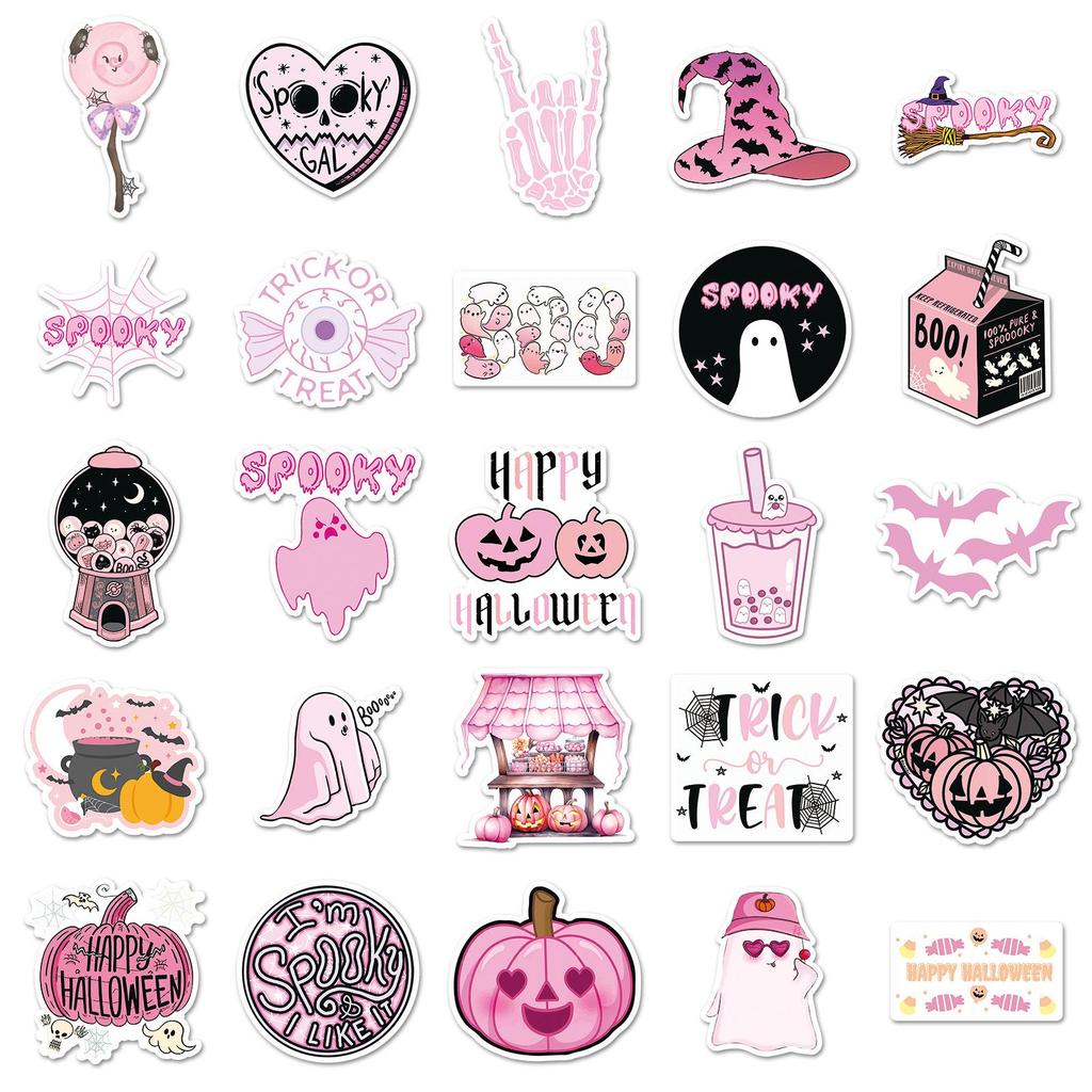 50 Pink Halloween Waterproof Stickers for DIY Cards, Journals, and Festive Decorations