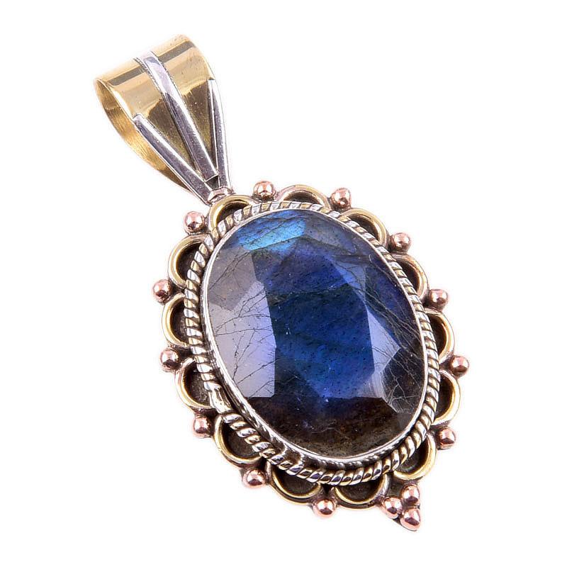 Natural Labradorite 925 Solid Sterling Silver Jewelry TwoTone Pendant 1.50" A7j48