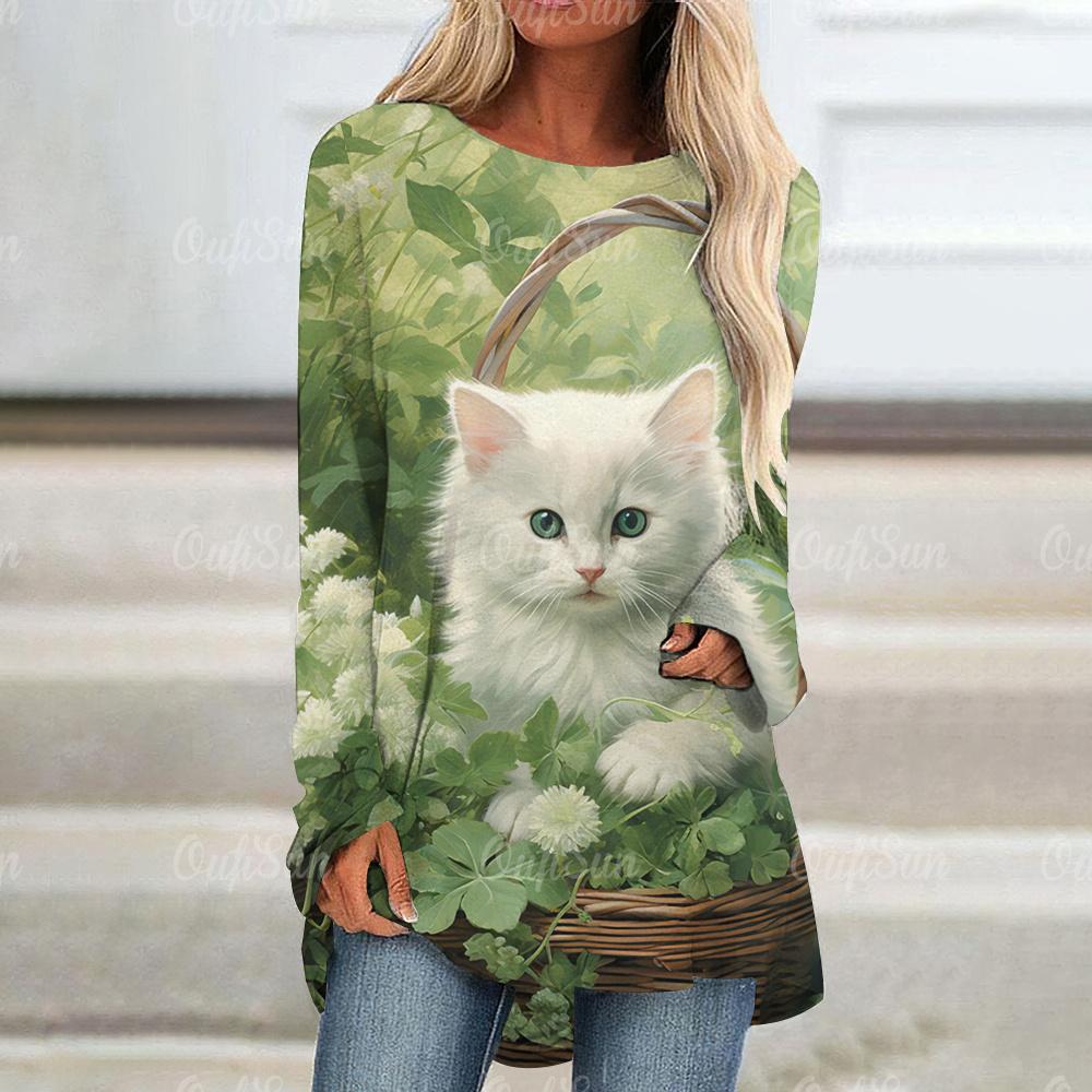 Элегантные женские футболки с милым рисунком кошки, осенняя хлопковая футболка с длинными рукавами, топы, повседневная свободная женская одежда, пуловер Y2K Street