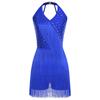 Women Dance Jumpsuit Halter Neck Sleeveless Spark Rhinestones Fringed Strappy Back Latin Dance Costume