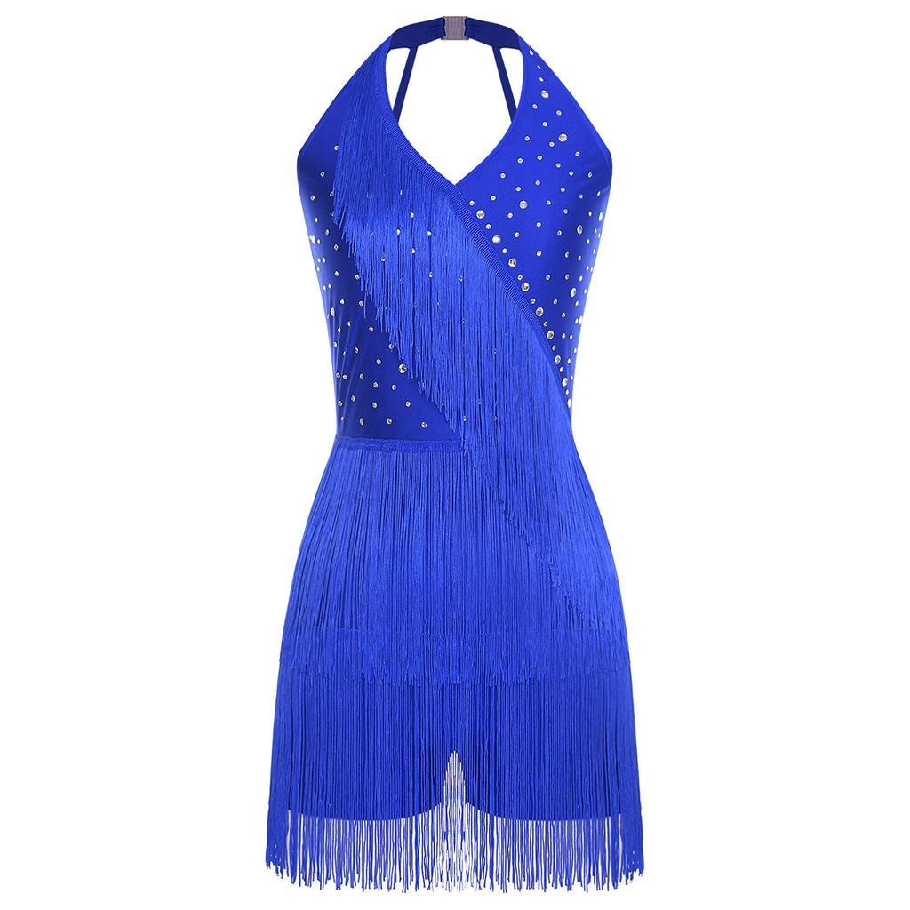Women Dance Jumpsuit Halter Neck Sleeveless Spark Rhinestones Fringed Strappy Back Latin Dance Costume