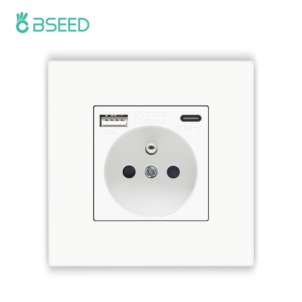 Bseed France Standard Socket With Usb Charging Port and Type c 2.1A 16A Gray PC Panel 86mm*86mm Plastic Flame Wall Socket